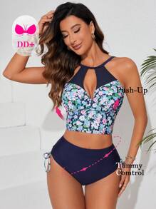 SHEIN Swim Summer Women Random Floral Print Splicing Two-Piece Swimwear Set - Multicolor - View 8