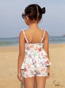 SHEIN Costume da bagno a due pezzi con stampa a conchiglia e balze per ragazze giovani