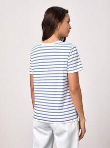 SHEIN BASICS Striped Print Round Neck Casual Tee For Summer