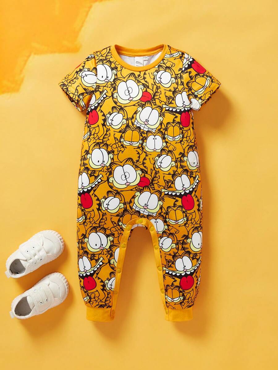 GARFIELD | SHEIN 男婴趣味卡通猫咪印花休闲圆领短袖连体衣 - 彩色 - 查看 1