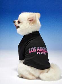 PETSIN Pet Black T-Shirt With LOS ANGELES Ombre Cool Print, Suitable For Both Cats And Dogs