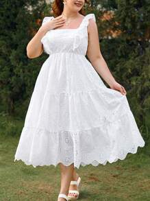 Dreamara Vestido blanco de manga corta con encaje bordado y tela romántica y casual para vacaciones de talla grande - Blanco - Ver 4
