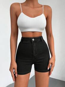 ZIRRA 女式高腰修身休闲百搭牛仔短裤 - 黑色 - 查看 3