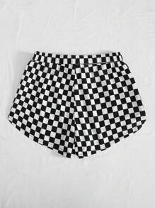 SHEIN EZwear Checkered Print Drawstring Shorts - Black and White - View 2