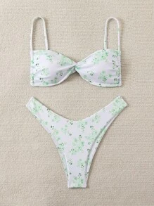 SHEIN Swim Women Sexy Printed Bikini Set With Knot Front Design For Beach Vacation, All-Over Print, Random Print,Summer Beach - Green - View 3