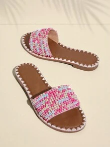 SHUZIA Women's Beaded Letter Patchwork Cover Up With Flat Sandals, Fashionable And Versatile - Pink - View 2