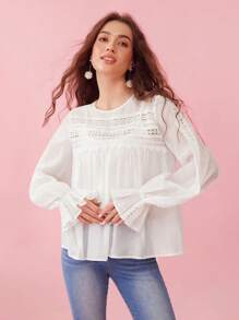 Enchnt Women Holiday Loose Lace Embroidery Splice Round Neck Bell Sleeve White Romantic Top For Spring And Summer - White - View 1