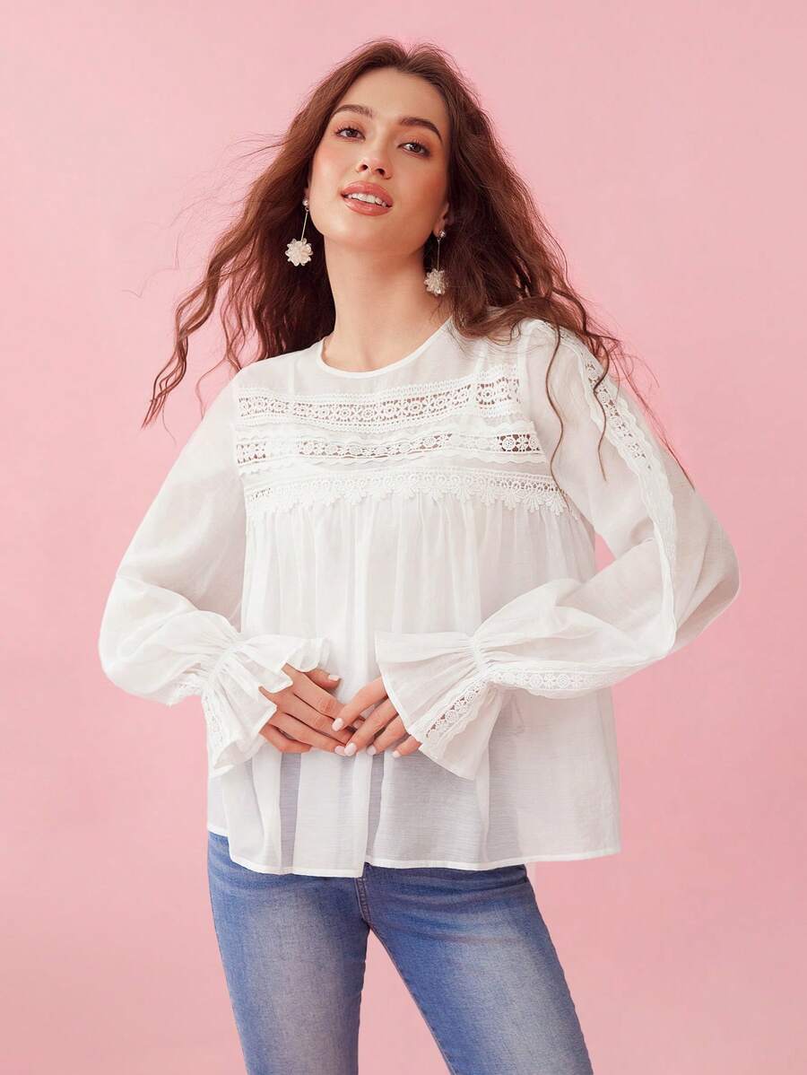 Enchnt Women Holiday Loose Lace Embroidery Splice Round Neck Bell Sleeve White Romantic Top For Spring And Summer - White - View 1