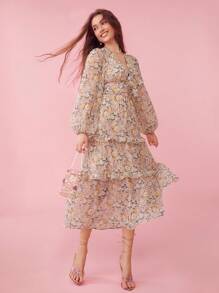 Enchnt Women Spring/Summer Floral Printed Front Tie V-Neck Lantern Sleeve Multi Layers Ruffled Hem Long Dress With Characteristic Style - Apricot - View 5
