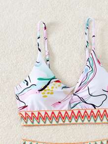 SHEIN Swim 女士波浪条纹印花比基尼套装，搭配扭曲性感胸罩和下装，海滩度假比基尼套装（随机印花）夏日海滩 - 彩色 - 查看 5