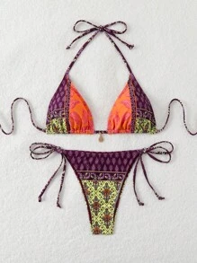 Swim Vcay Conjunto de bikini sexy de mujer de cintura alta con estampado de paisley y cuello halter con corbata para vacaciones en la playa de verano