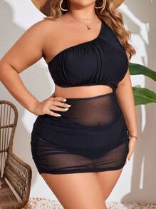 SHEIN Swim Curve Plus Size Women Summer Beach Fashion Contrast Mesh Simple Tankini Set - Black - View 4