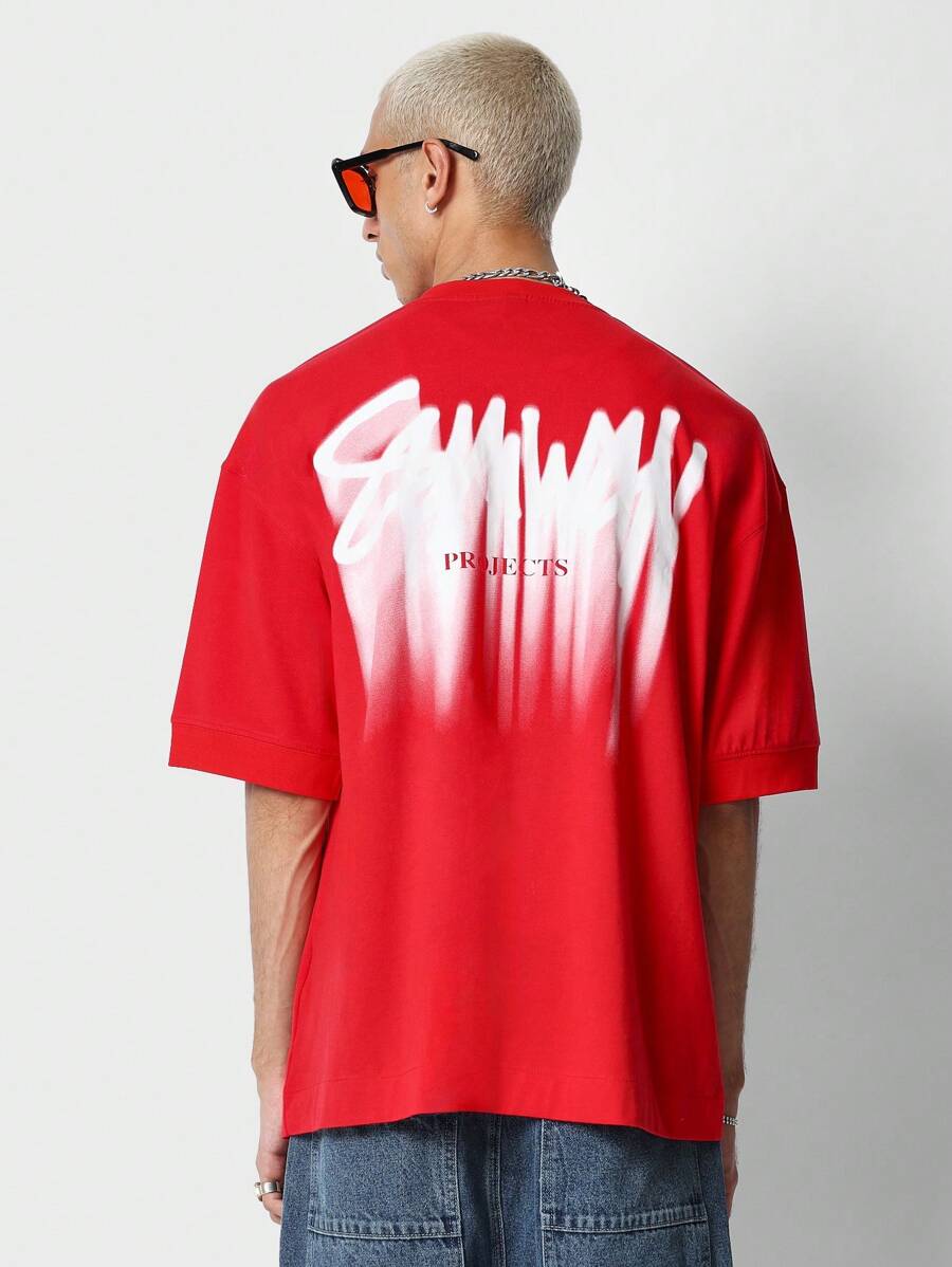 SUMWON Oversized Short Sleeve Tee With Graffiti Graphic Print - Red - View 1