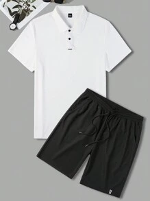 Manfinity Homme Men Stylish Solid Color Short Sleeve Polo Shirt And Shorts Set - Black and White - View 7