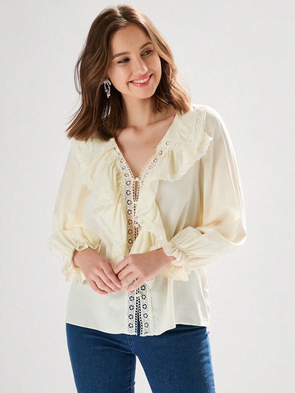 Enchnt Women's Holiday Romantic Solid Color V-Neck Pleated Lace Trim Elegant Long Sleeve Embroidery Shirt For Summer