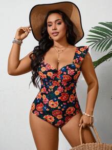 SHEIN Swim Curve 大尺寸女士花卉印花一件式泳裝，夏季沙灘 - 彩色 - 查看 6