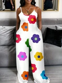 Slaydiva Floral Print Spaghetti Strap Loose Jumpsuit With Pocket, Plus Size For Women In Summer - Red and White - View 2