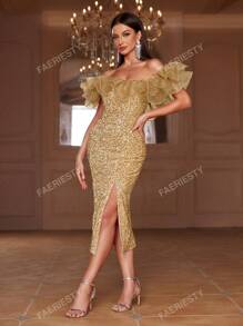 Faeriesty Faeriesty Off Shoulder Ruffle Trim Split Sequin Party Dress