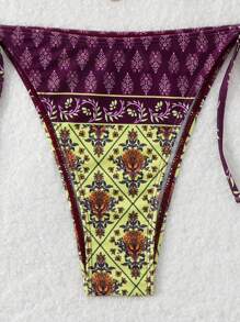 Swim Vcay Conjunto de bikini sexy de mujer de cintura alta con estampado de paisley y cuello halter con corbata para vacaciones en la playa de verano