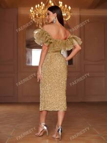 Faeriesty Faeriesty Off Shoulder Ruffle Trim Split Sequin Party Dress