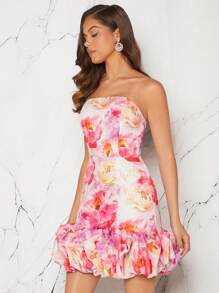 Hauture Floral Jacquard Ruffle Hem Tube Dress - Multicolor - View 3
