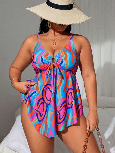 Swim Lushoire Plus Size Women's Summer Beach Vacation-Style Printed Swim Dress