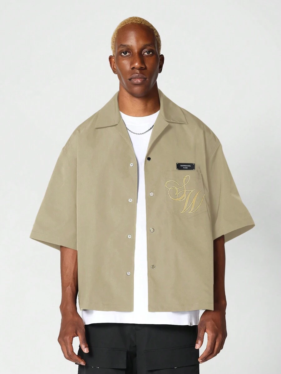 SUMWON Boxy Fit Revere Nylon Shirt With Front And Back Graphic Print - Khaki - View 1