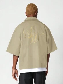SUMWON Boxy Fit Revere Nylon Shirt With Front And Back Graphic Print - Khaki - View 2