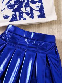 女童夏季时尚卡通印花上衣和PU百褶裙套装 - 藍色 - 查看 3