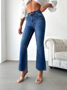 SHEIN PETITE High Waist Flare Leg Jeans - Medium Wash - View 3