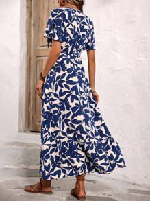 Breezaya Printed Random Cut Elastic Waist Short Sleeve Summer Vacation Dress Maxi Women Outfit - Blue - View 2