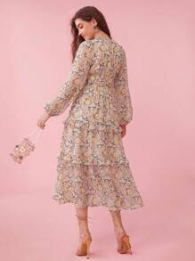 Enchnt Women Spring/Summer Floral Printed Front Tie V-Neck Lantern Sleeve Multi Layers Ruffled Hem Long Dress With Characteristic Style - Apricot - View 2