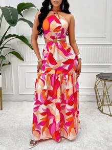 Zolique Vestido largo (estampado de flores aleatorio) para mujer con escote de cuello halter y abertura en el bajo, estampado con plantas tropicales, para vacaciones - Naranja Quemada - Ver 5