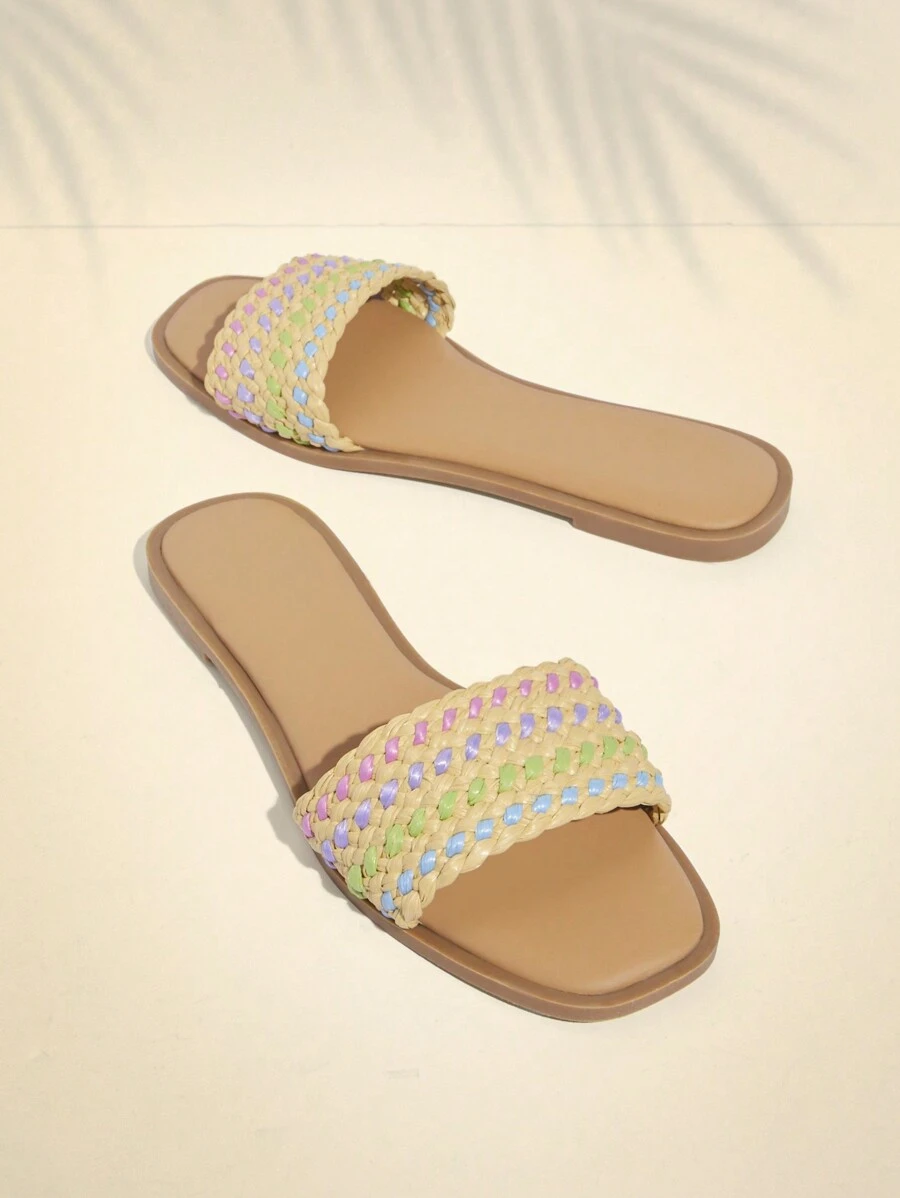 SHUZIA Sandalias planas de verano para mujer con punta abierta de colores - Beis - Ver 1