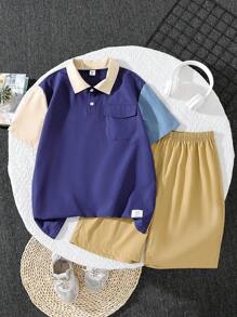 Teen Boy Color-Block Short Sleeve Top And Solid Color Shorts 2pcs Outfit