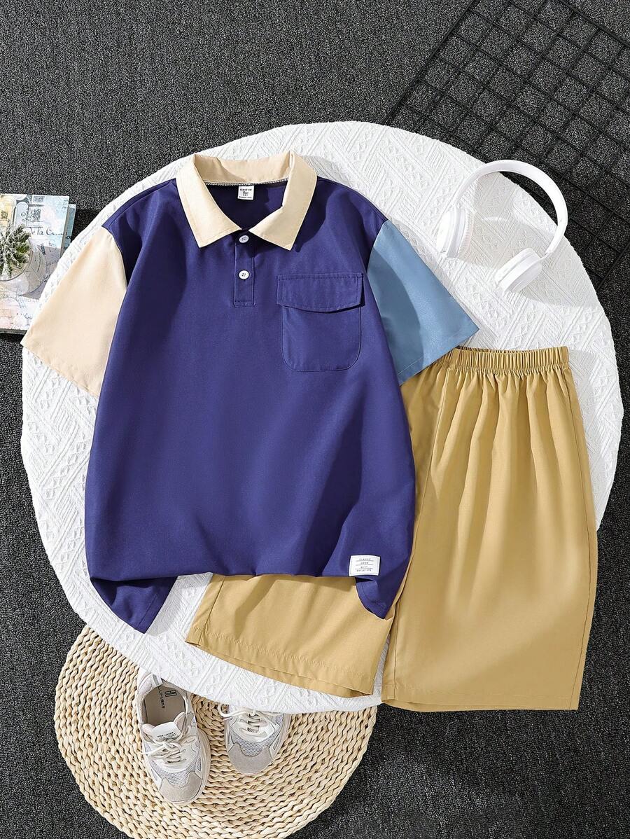 Teen Boy Color-Block Short Sleeve Top And Solid Color Shorts 2pcs Outfit