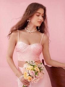 Enchnt Women Princess Summer Spring Lace Splicing Ruched Cropped Camisole Cami Bow Pink  Top With Straps And Elegant Style,Cute And Romantic - Pink - View 7