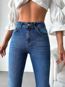 SHEIN PETITE High Waist Flare Leg Jeans - Medium Wash - View 4