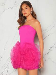 Hauture Vestido de fiesta para mujer sin tirantes de unicolor con flor de malla 3D