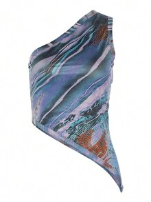 Asymmetric Neckline All-Over Print Sleeveless Top, Summer - Blue - View 3