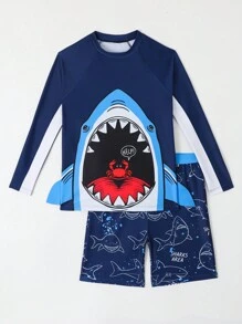 Tween Boys' Shark Printed Rash Guard Swimwear Set With Raglan Sleeves, For Christmas