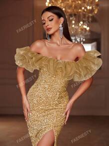 Faeriesty Faeriesty Off Shoulder Ruffle Trim Split Sequin Party Dress