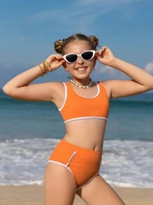 Tween Girl Kỳ nghỉ hè Bãi biển Tương phản Viền Bộ bikini Bộ đồ tắm Bãi biển mùa hè - Nhiều màu - Xem 4