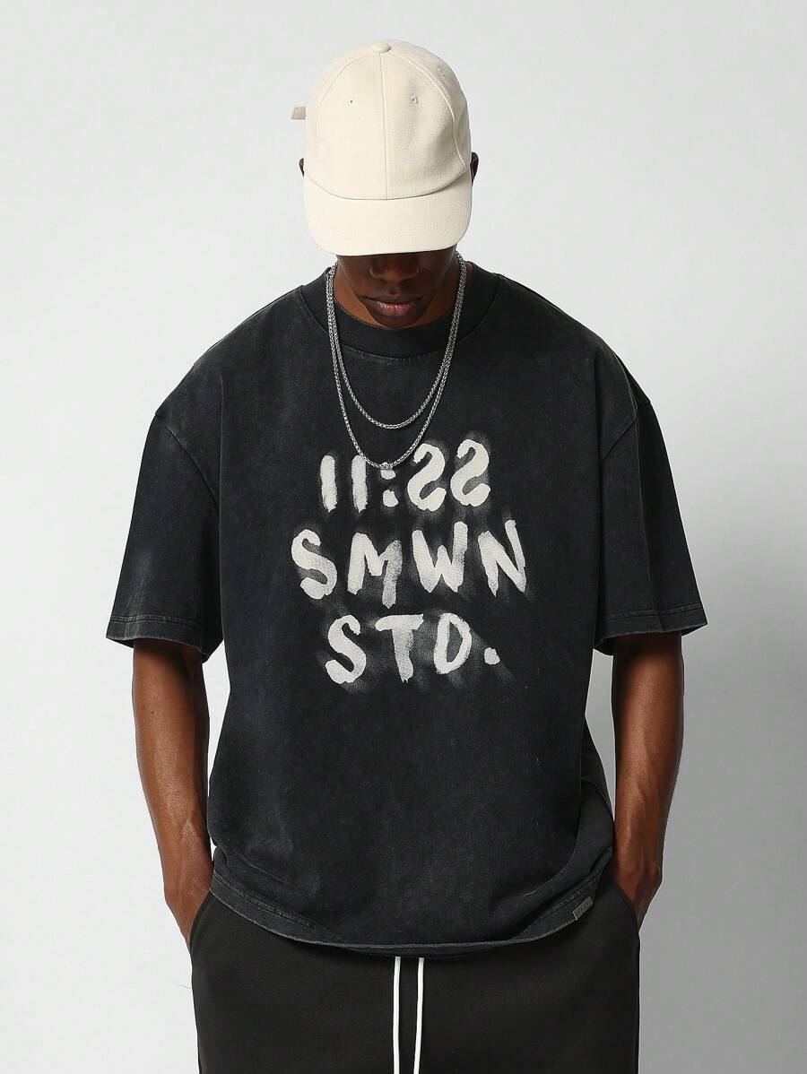 SUMWON 带模糊图形印花的水洗 T 恤 - 黑色 - 查看 1