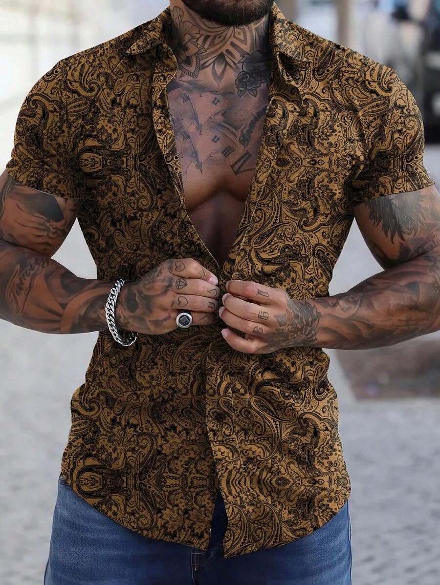 Manfinity LEGND 男士短袖全印花復古印花夏季襯衫 - 卡其色 - 查看 1