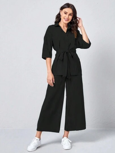 Women's Solid Color Waist Belted Scrub Uniform Set With Open Front Shirt And Pants