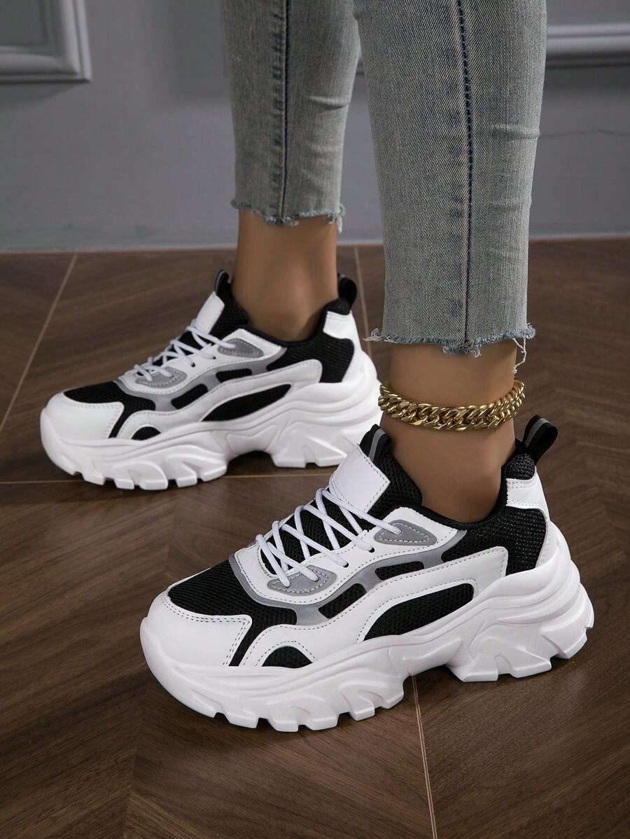 2025 Autunno Scarpe da corsa comode da donna con punta tonda e lacci, scarpe da ginnastica basse e colorate a blocchi, traspiranti e con suola chunky, adatte per tutte le stagioni