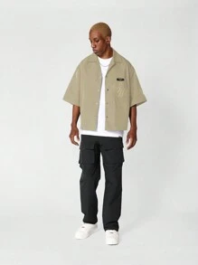 SUMWON Boxy Fit Revere Nylon Shirt With Front And Back Graphic Print - Khaki - View 5