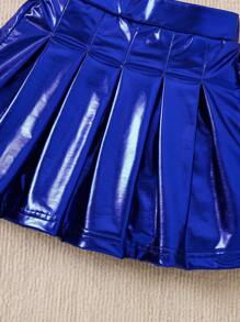 女童夏季时尚卡通印花上衣和PU百褶裙套装 - 藍色 - 查看 5