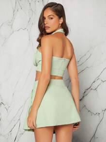 Hauture Draped Halter Top & Mini Skirt Two Pieces Set - Mint Green - View 2